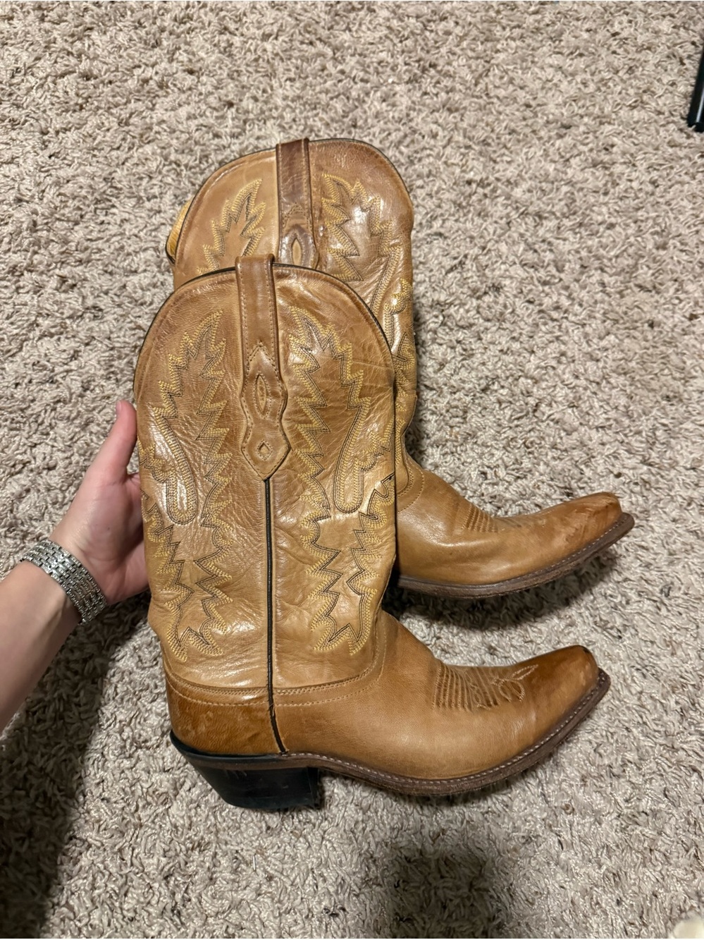 Women’s Tan Leather Western Ankle Boots with Embroidered Shaft